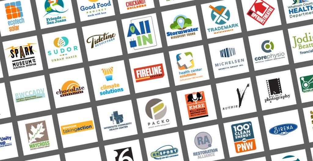 Grid of colorful business logos and company branding examples arranged in white squares with gray borders.