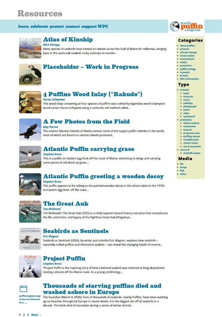 The World Puffin Congress Resources library. Every entry is a Resource, filtered by category, type and media.